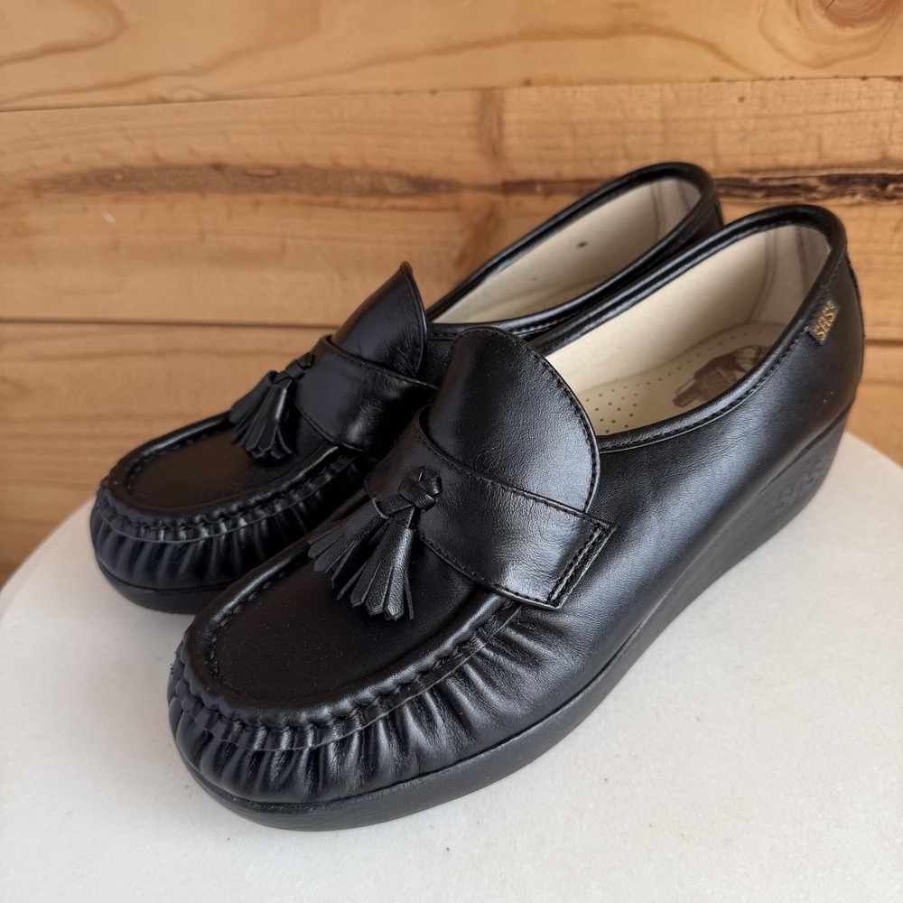 SAS Tripad Comfort Magic Leather Tassel Wedge Shoes Moc‎ Toe Sz 7m Black VTG